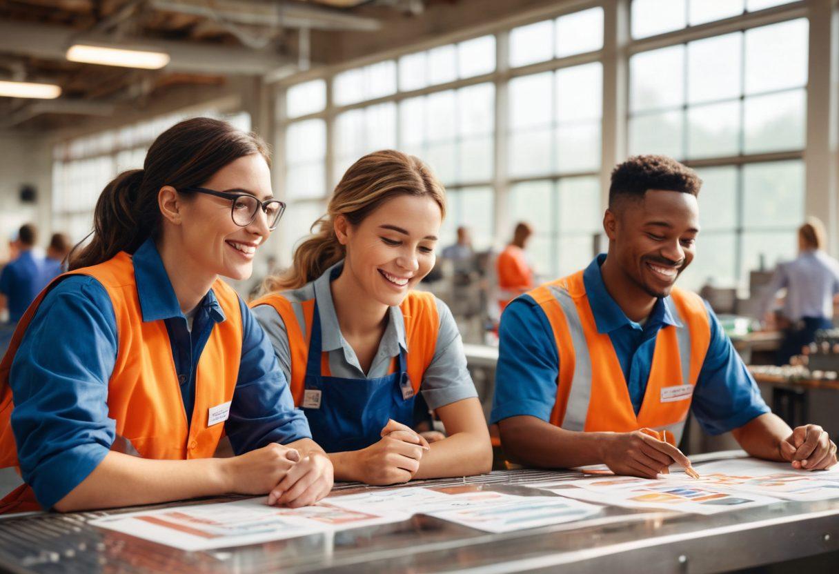 A warm, inviting factory scene showcasing diverse employees collaborating on a production line, with visible emotional expressions of joy and teamwork. In the background, large windows letting in natural light, and cozy break areas fostering connection. Include motivational posters emphasizing unity and connection. super-realistic. vibrant colors. bright and airy ambiance.