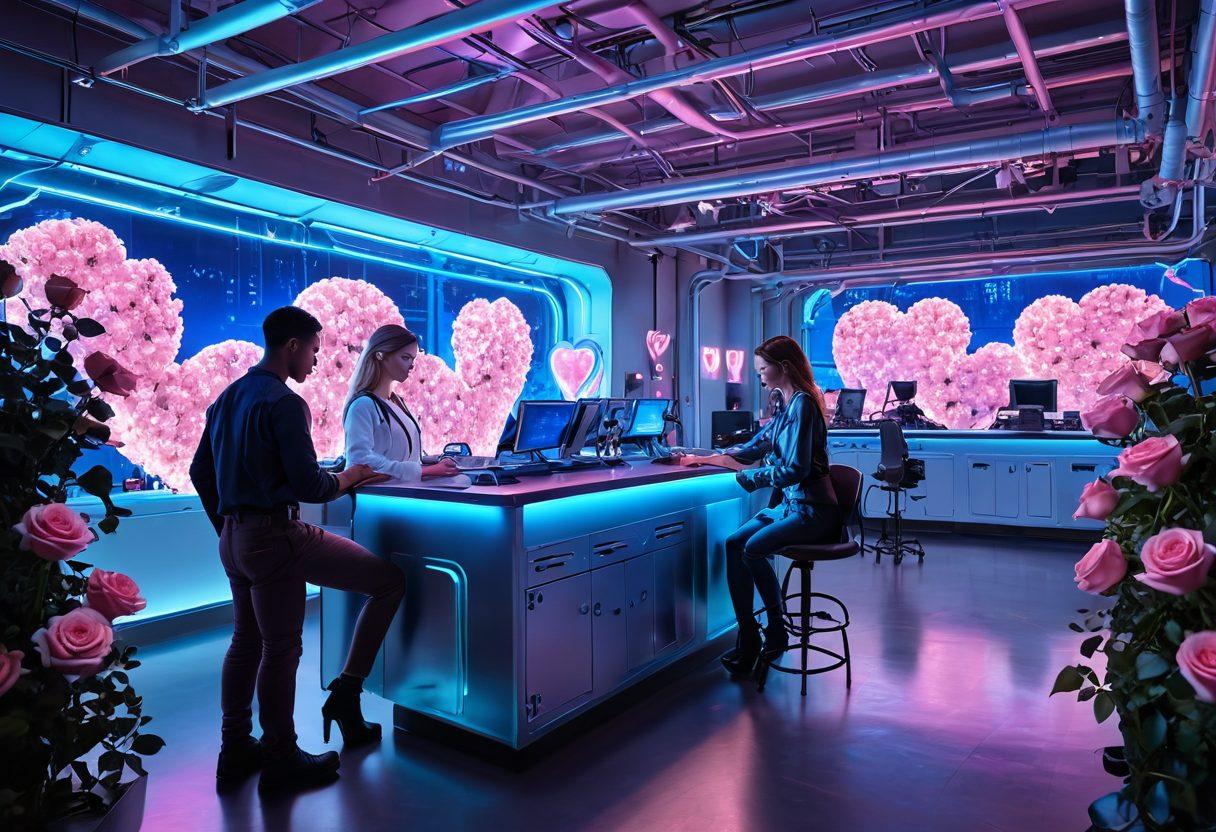 A futuristic factory setting blending romance and innovation, featuring workers in a warm embrace amidst machinery and glowing holograms of hearts symbolizing affection. Soft pink and blue lighting illuminates the space, with delicate roses intertwined around industrial equipment. The atmosphere is vibrant, reflecting a harmonious fusion of love and technology. vibrant colors. super-realistic.