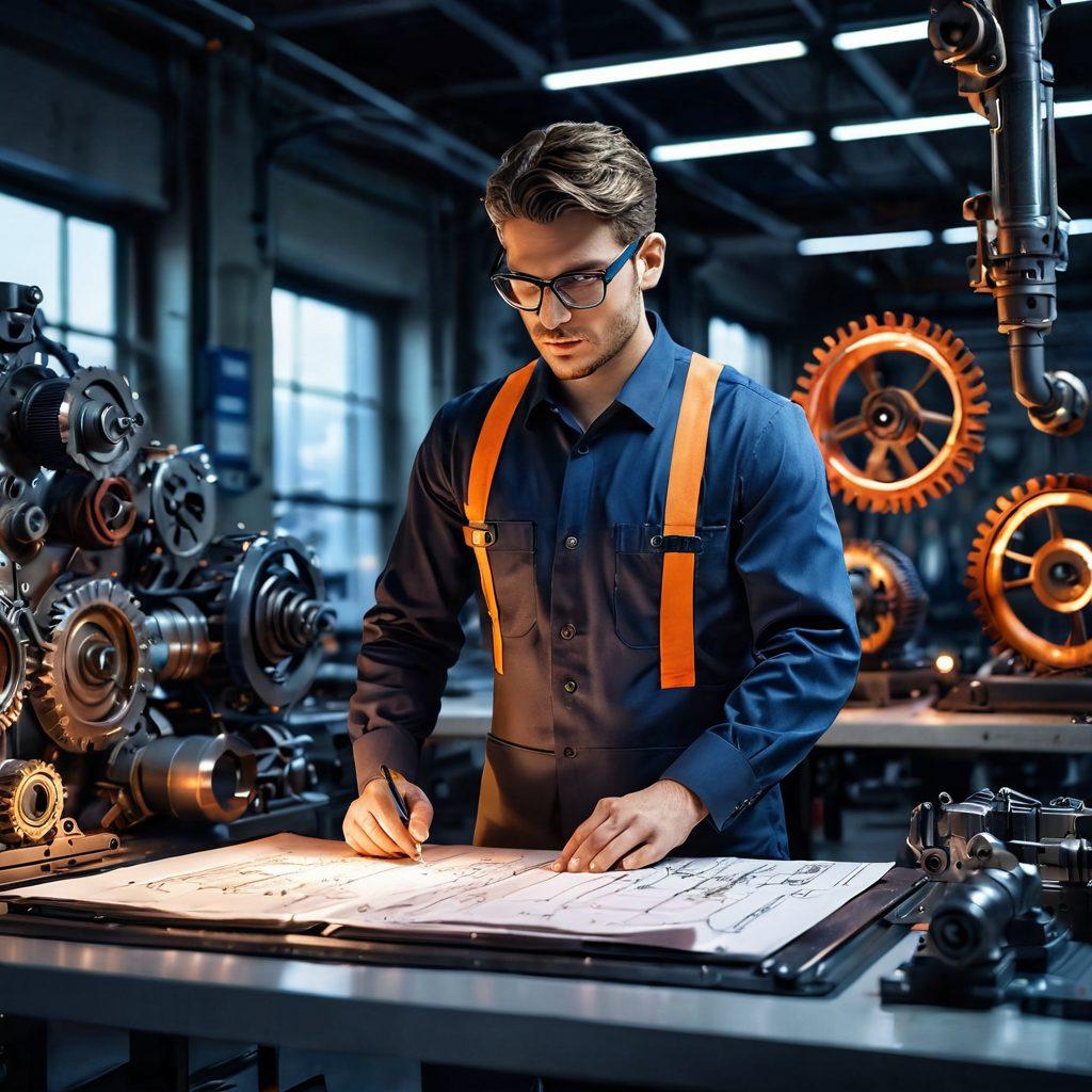 A passionate engineer standing in a modern industrial workshop, surrounded by advanced machinery and tools, with blueprints filled with innovative designs laid out in front. The background features glowing gears representing excellence and innovation, while a heart symbol made of steel glows softly above. Warm lighting capturing a sense of dedication and enthusiasm. super-realistic. vibrant colors. 3D.